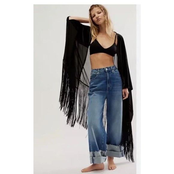 Free People Black Velvet Dreams Fringe Kimono OS New - Picture 9 of 12